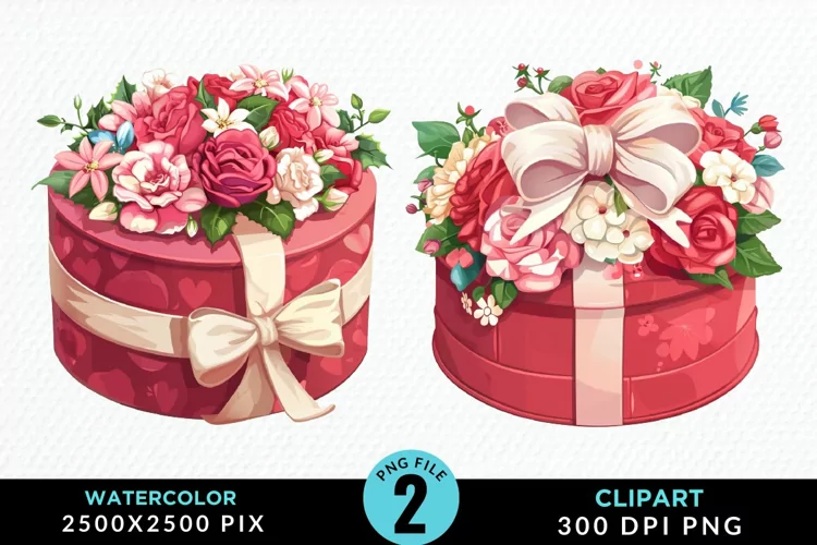 Watercolor Hatbox Flower Graphics Clipart