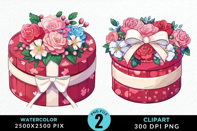 Watercolor Hatbox Flower Graphics Clipart