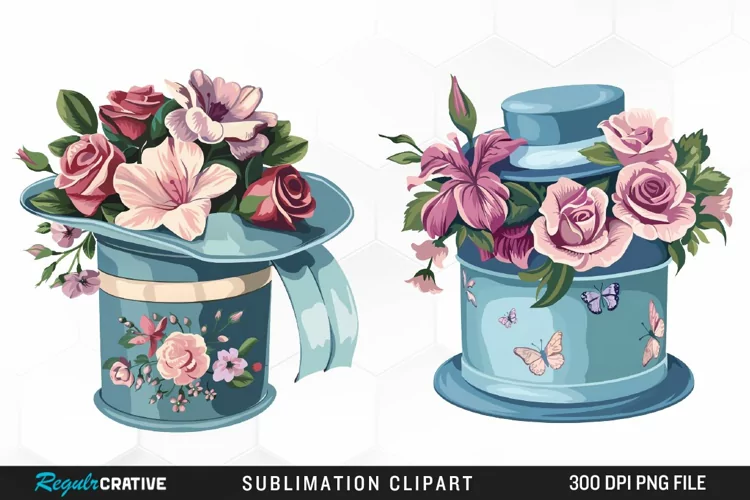 Watercolor Hatbox Flower Art Clipart