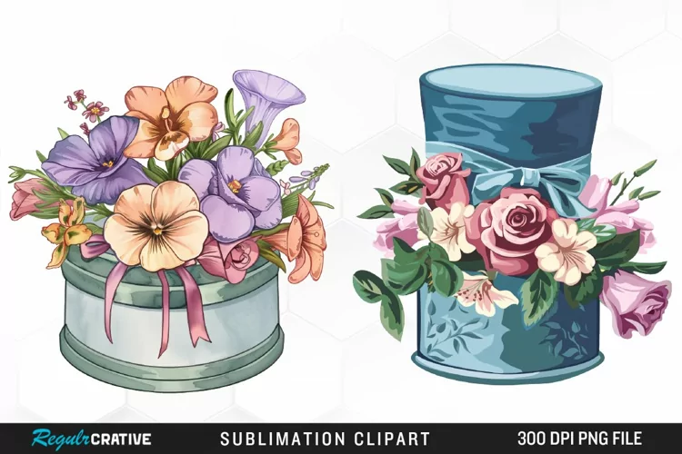Watercolor Hatbox Flower Clipart