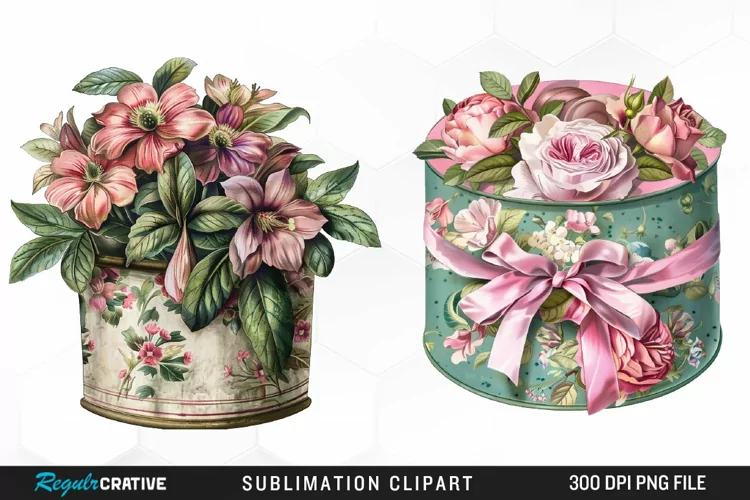 Watercolor Hatbox Flower Clipart