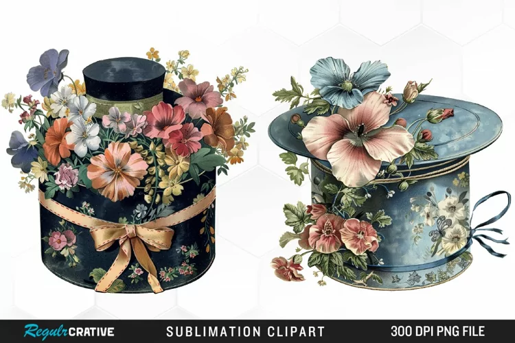 Watercolor Hatbox Flower Art Clipart