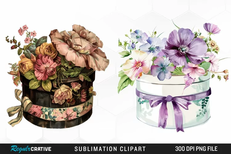 Watercolor Hatbox Flower Art Clipart