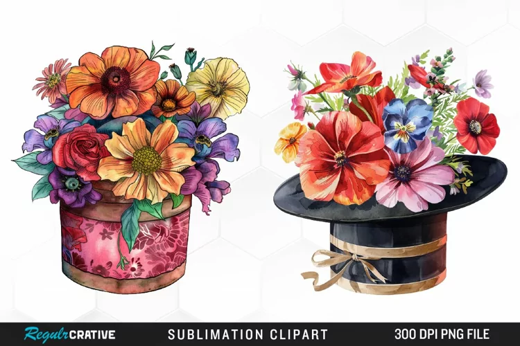 Watercolor Hatbox Flower Clipart