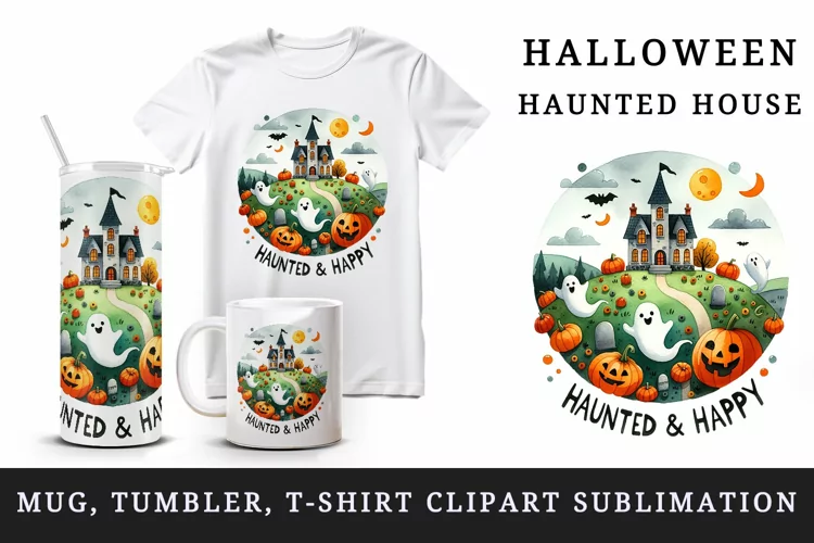 Halloween haunted house tumbler mug wrap clipart sublimation