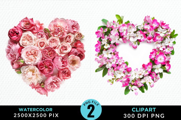 Watercolor Heart Flower Wreath PNG Set Clipart example image 1