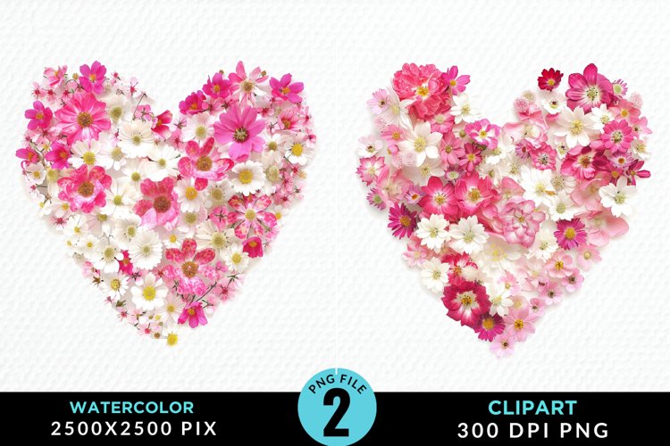 Watercolor Heart Flower Wreath PNG Set Clipart example image 1