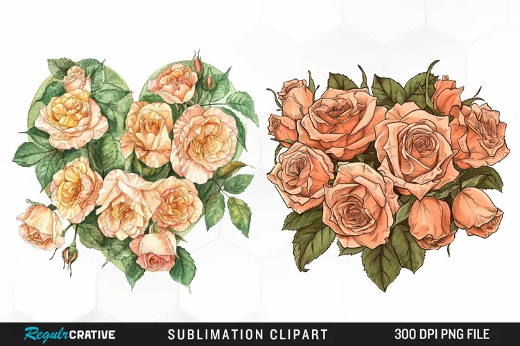 Watercolor Heart Flower Wreath Design Clipart