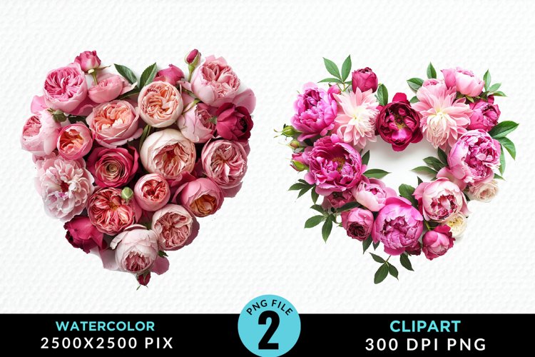 Watercolor Heart Flower Wreath PNG Set Clipart
