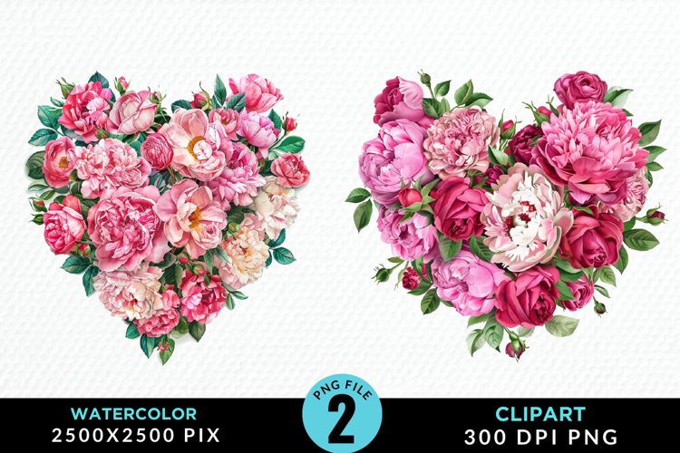 Watercolor Heart Flower Wreath PNG Set Clipart example image 1