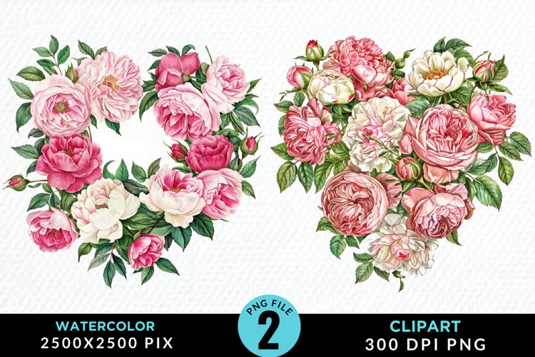 Watercolor Heart Flower Wreath PNG Set Clipart example image 1