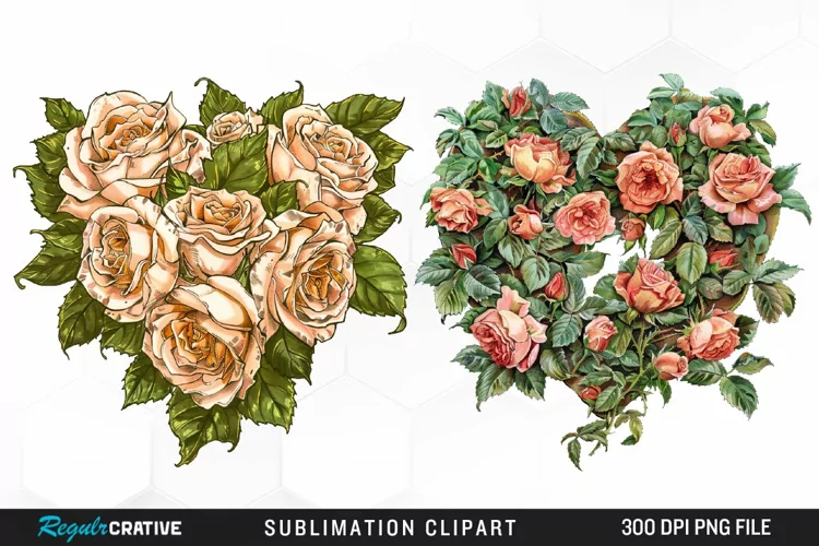 Watercolor Heart Flower Wreath Design Clipart