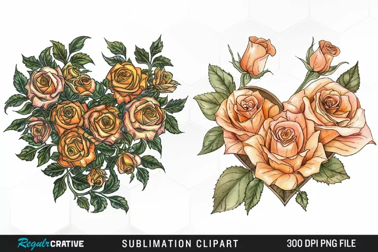 Watercolor Heart Flower Wreath Design Clipart