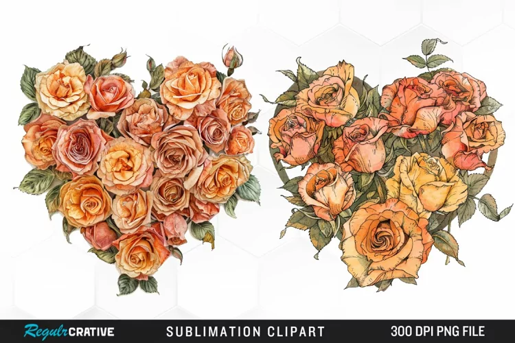 Watercolor Heart Flower Wreath Design Clipart