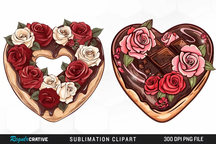 Watercolor Heart Shaped Roses Chocolate Clipart