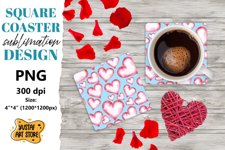 Valentine square coaster design. Watercolor heart coaster