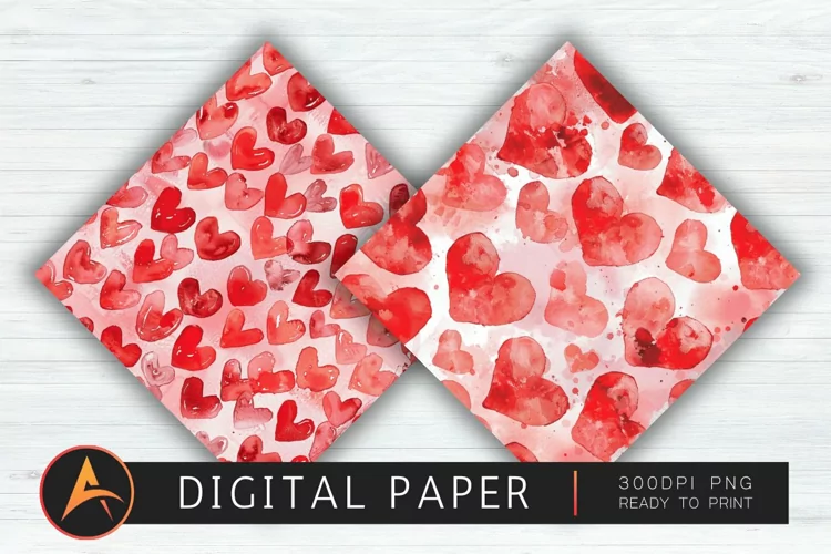 Watercolor Heart Valentines Digital Paper PNG