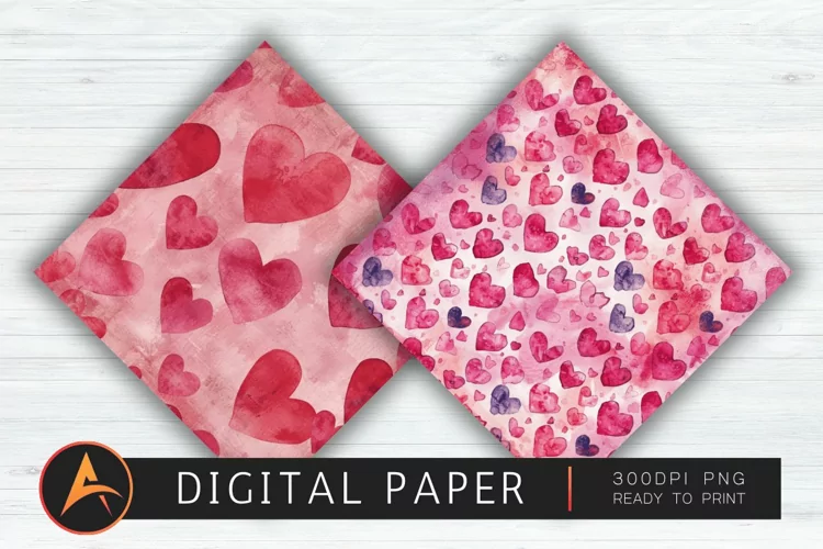 Watercolor Heart Valentines Digital Paper