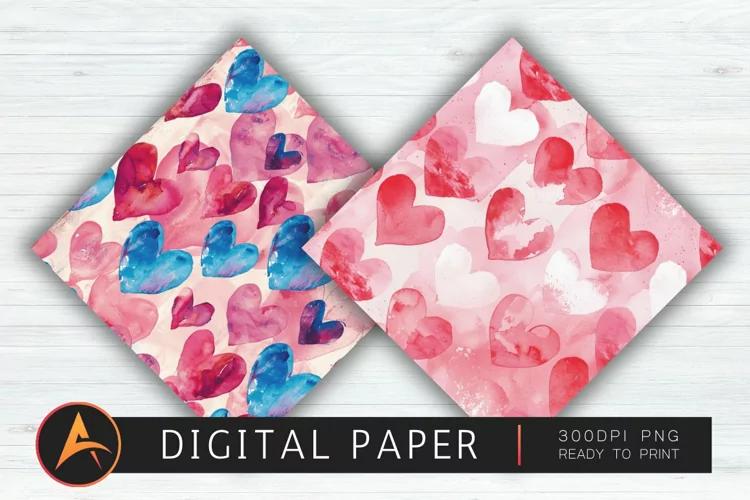 Watercolor Heart Valentines Scrapbook Paper