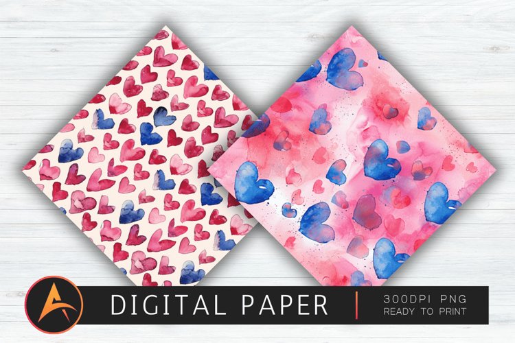 Watercolor Heart Valentines Digital Paper