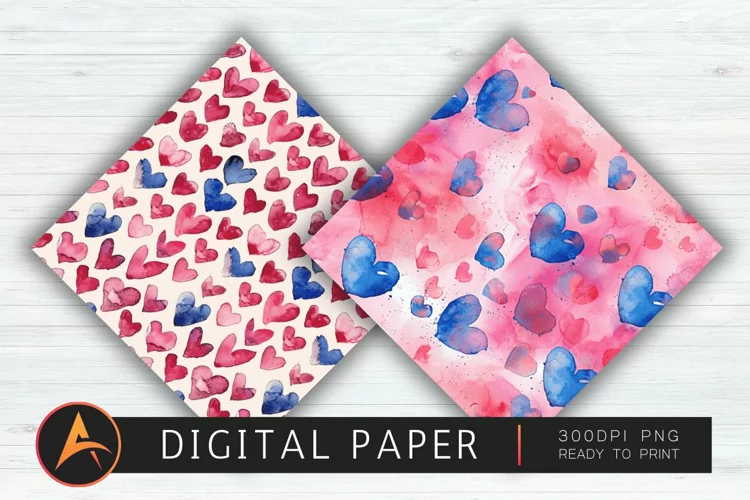 Watercolor Heart Valentines Digital Paper