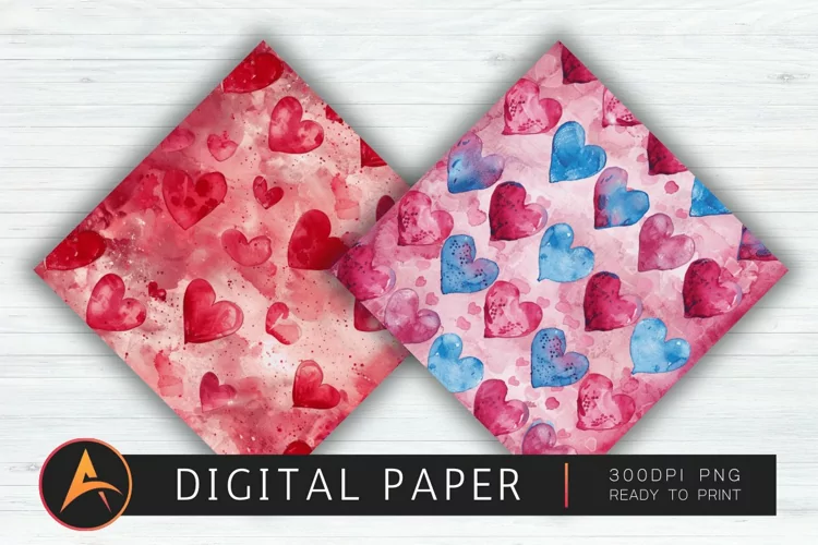 Watercolor Heart Valentines Digital Paper