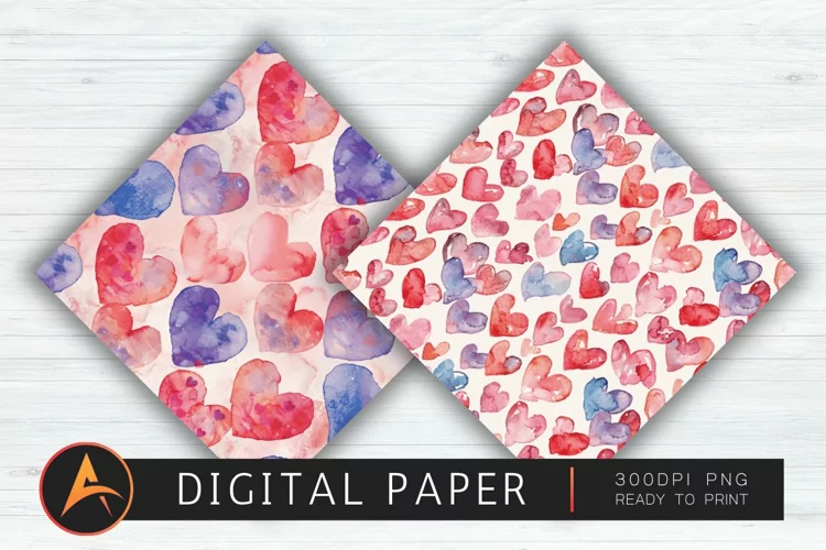 Watercolor Heart Valentines Digital Paper PNG