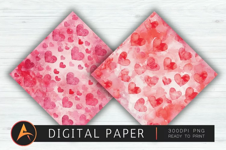 Watercolor Heart Valentines Digital Paper
