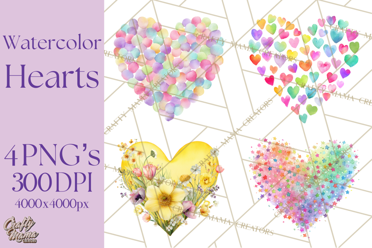 Watercolor Heart Clipart, Floral Hearts, Rainbow Hearts PNG