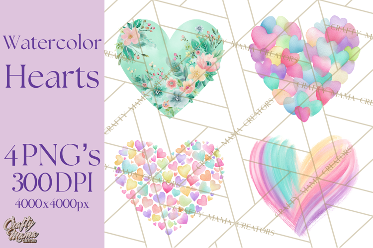 Watercolor Heart Clipart, Floral Hearts, Rainbow Hearts PNG