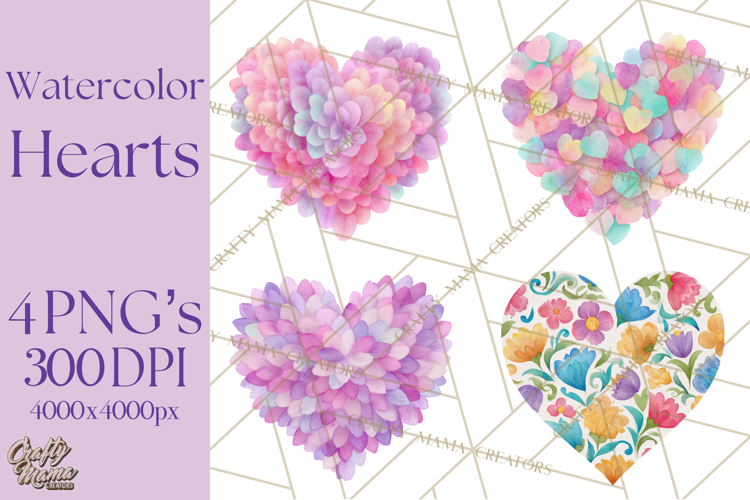 Watercolor Heart Clipart, Floral Hearts, Rainbow Hearts PNG