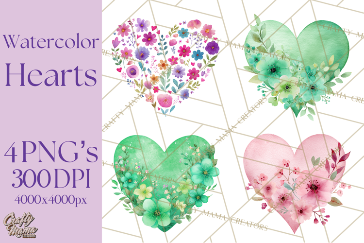 Watercolor Heart Clipart, Floral Hearts, Rainbow Hearts PNG