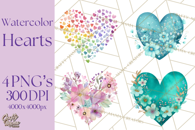 Watercolor Heart Clipart, Floral Hearts, Rainbow Hearts PNG