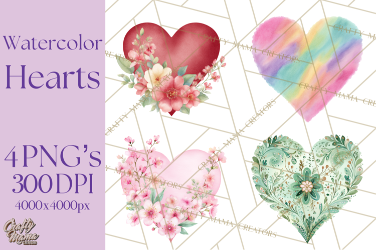 Watercolor Heart Clipart, Floral Hearts, Rainbow Hearts PNG