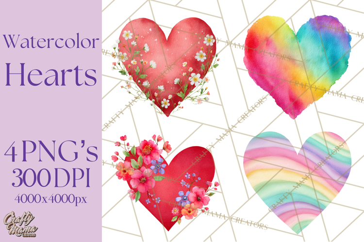 Watercolor Heart Clipart, Floral Hearts, Rainbow Hearts PNG