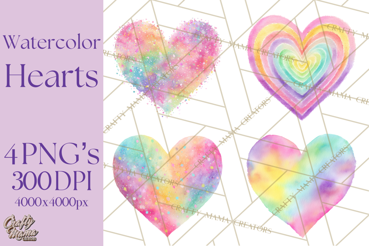 Watercolor Heart Clipart, Floral Hearts, Rainbow Hearts PNG