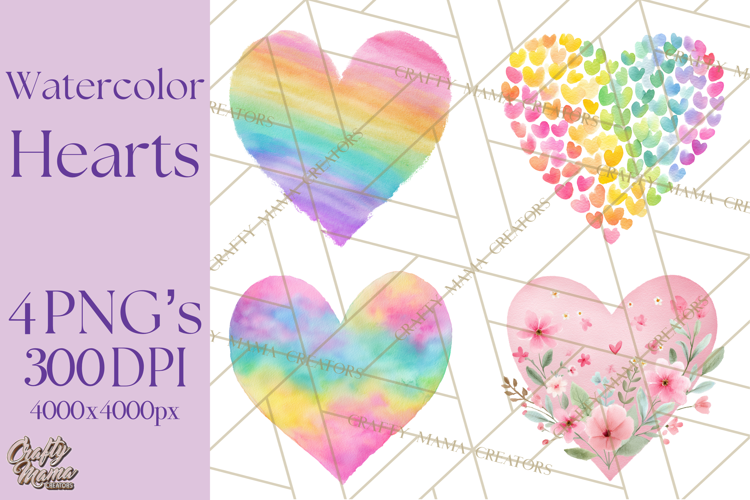 Watercolor Heart Clipart, Floral Hearts, Rainbow Hearts PNG