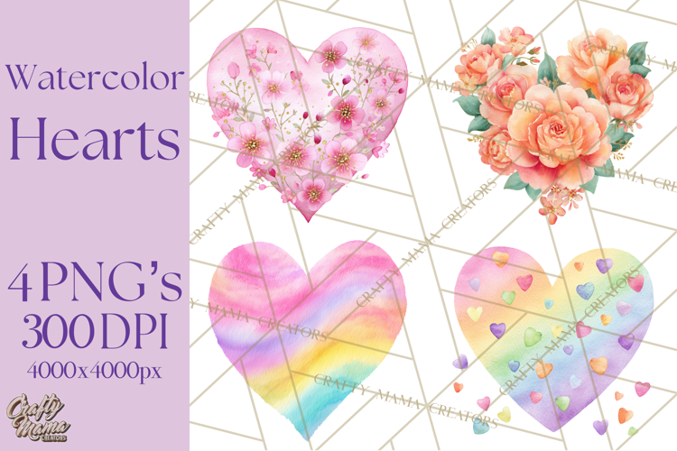 Watercolor Heart Clipart, Floral Hearts, Rainbow Hearts PNG