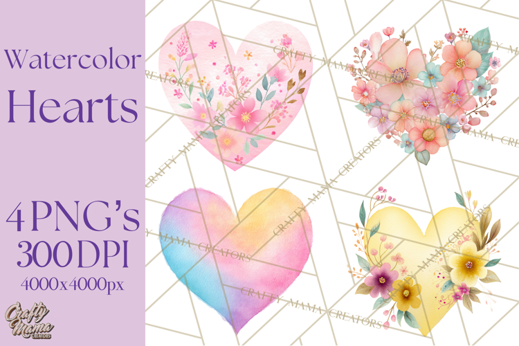 Watercolor Heart Clipart, Floral Hearts, Rainbow Hearts PNG