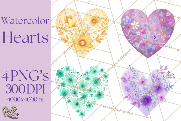 Watercolor Heart Clipart, Floral Hearts, Rainbow Hearts PNG