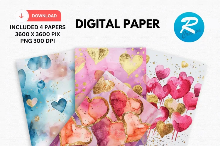 Watercolor Hearts And Golden Digital Paper