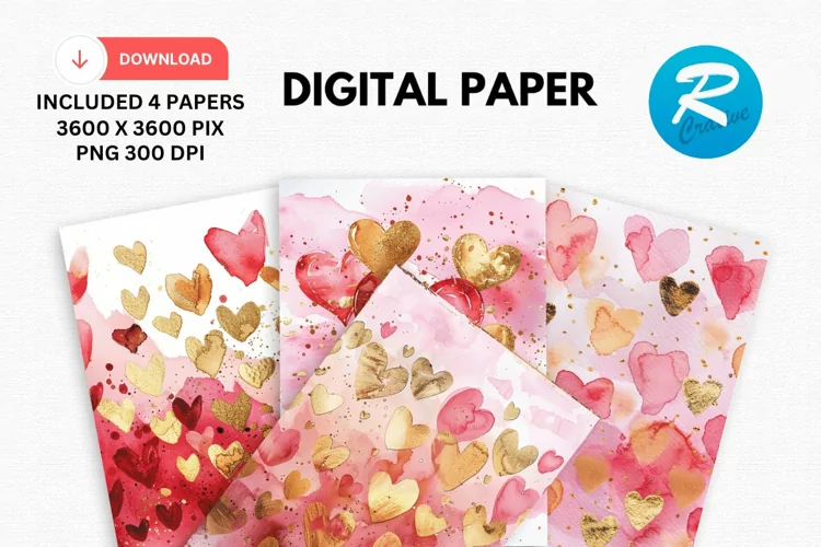 Watercolor Hearts And Golden Digital Paper