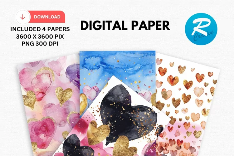 Watercolor Hearts And Golden Digital Paper