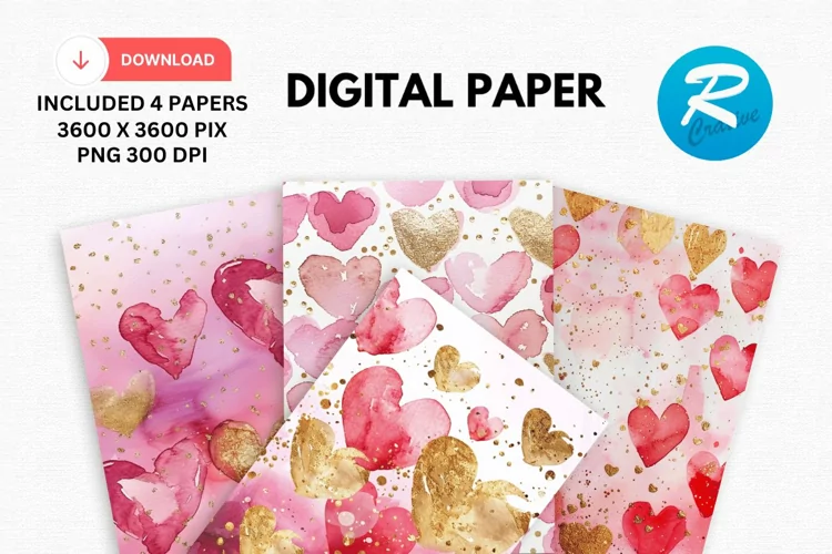 Watercolor Hearts And Golden Digital Paper