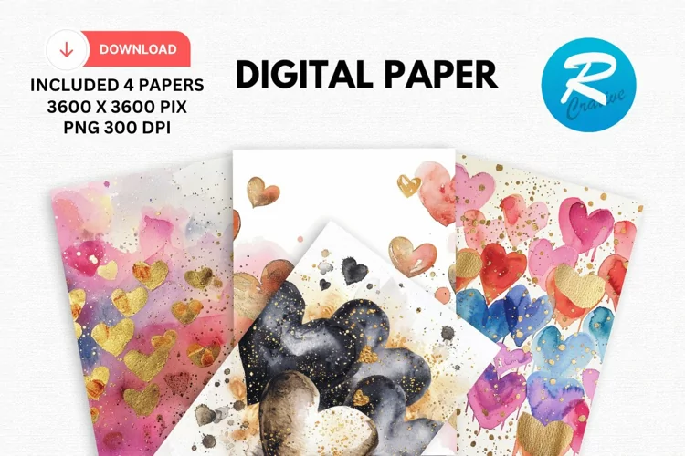 Watercolor Hearts And Golden Digital Paper