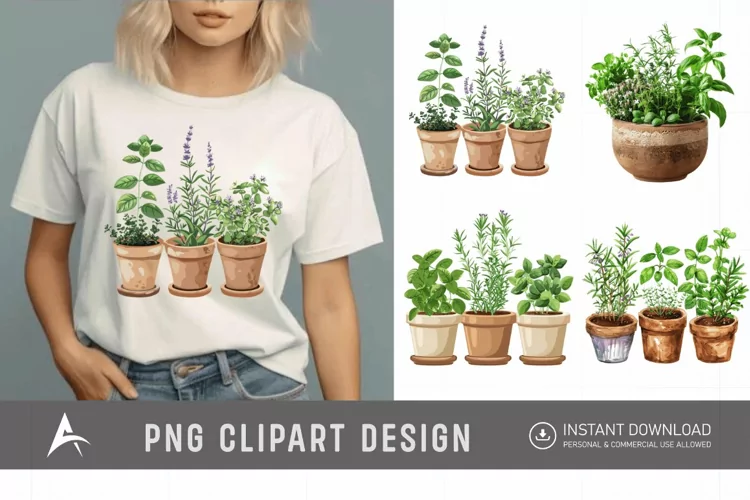 Watercolor Herbs in Pots Clipart