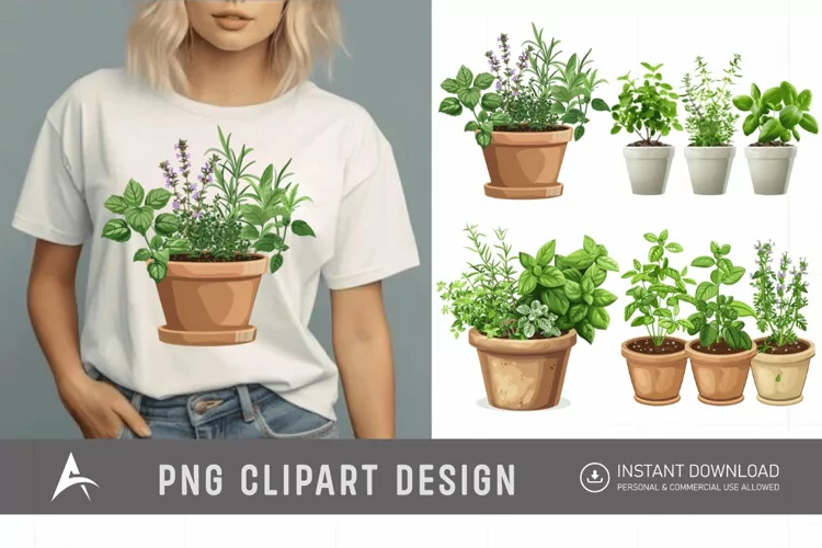 Watercolor Herbs in Pots Clipart