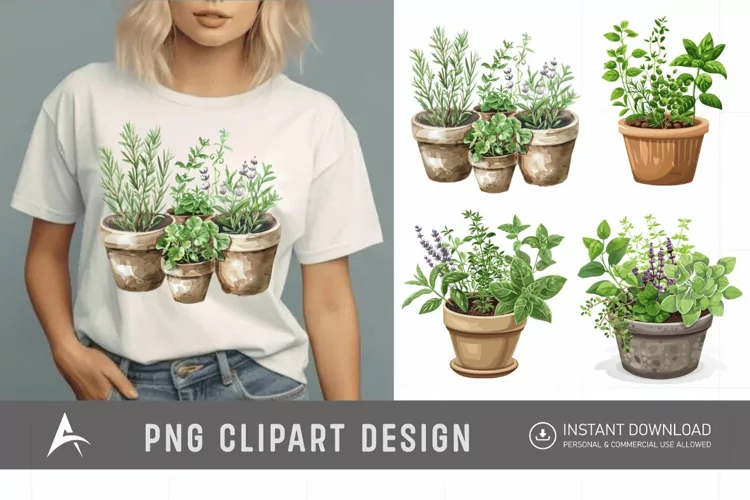 Watercolor Herbs in Pots Clipart