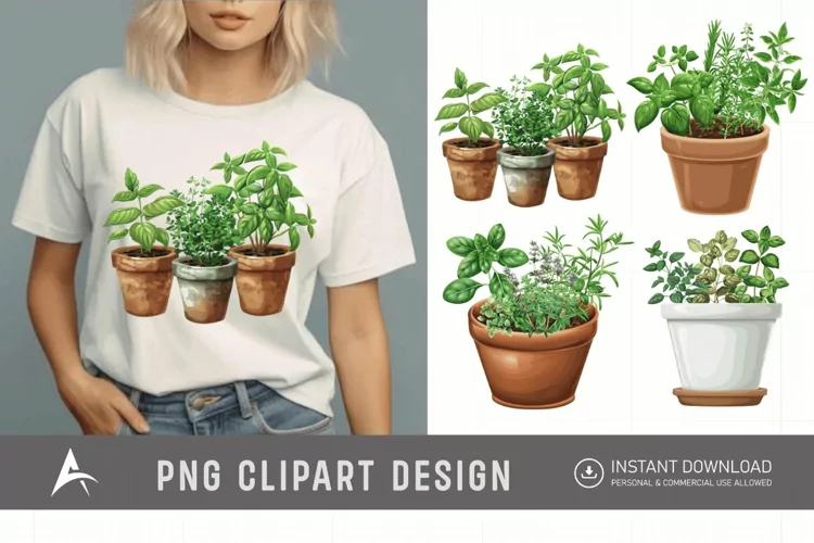 Watercolor Herbs in Pots Clipart