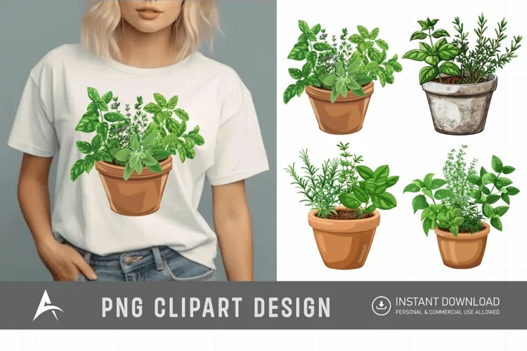 Watercolor Herbs in Pots Clipart